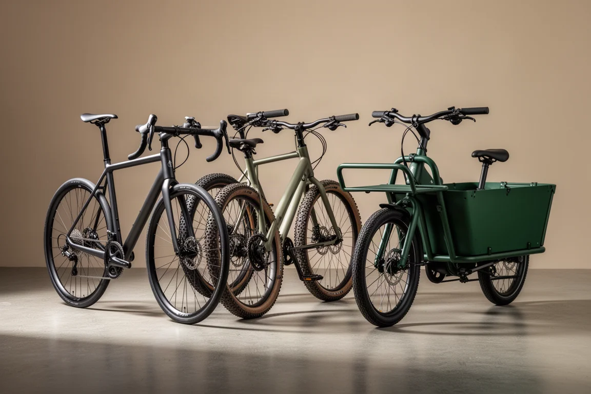 Tre elcyklar – en racercykel, en gruscykel och en cargo-cykel – uppställda på ett betonggolv