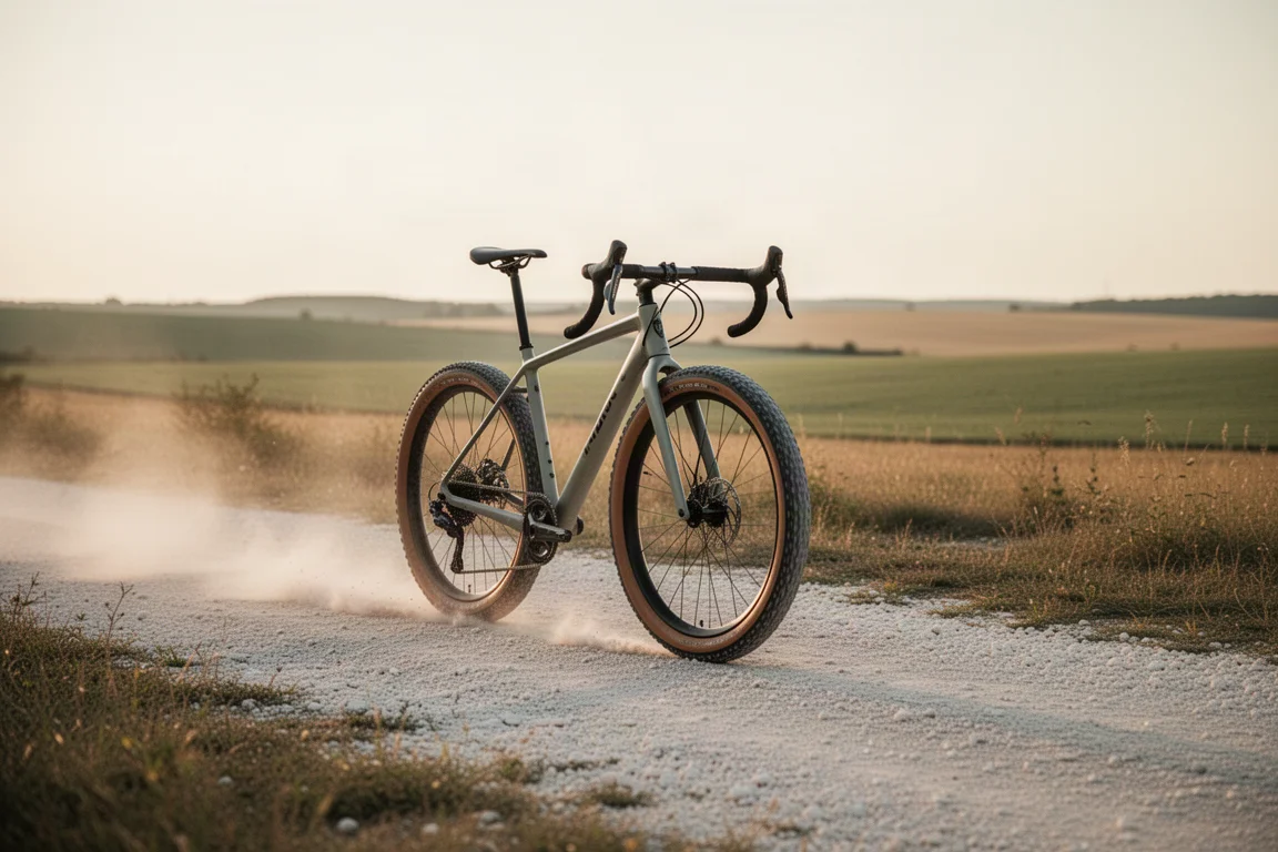 Bici gravel con manubrio drop che scorre su una pista sterrata asciutta nell'ora dorata