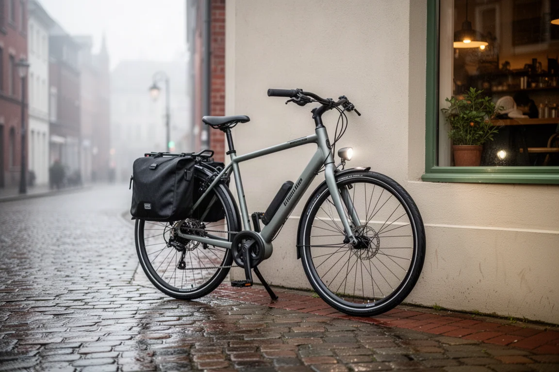 Bici ibrida da pendolarismo dalla posizione eretta con portapacchi, parcheggiata davanti a un bar di città all'alba