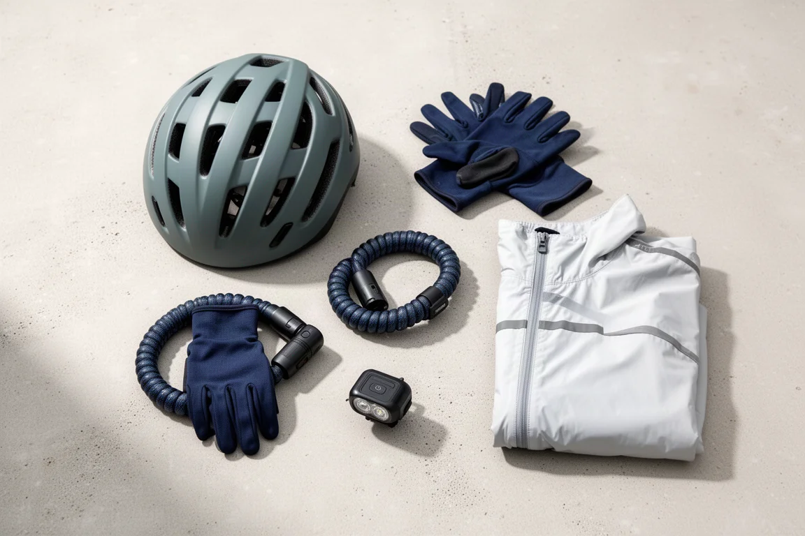 Accessori da pendolarismo disposti su cemento: casco, lucchetto, guanti e luce