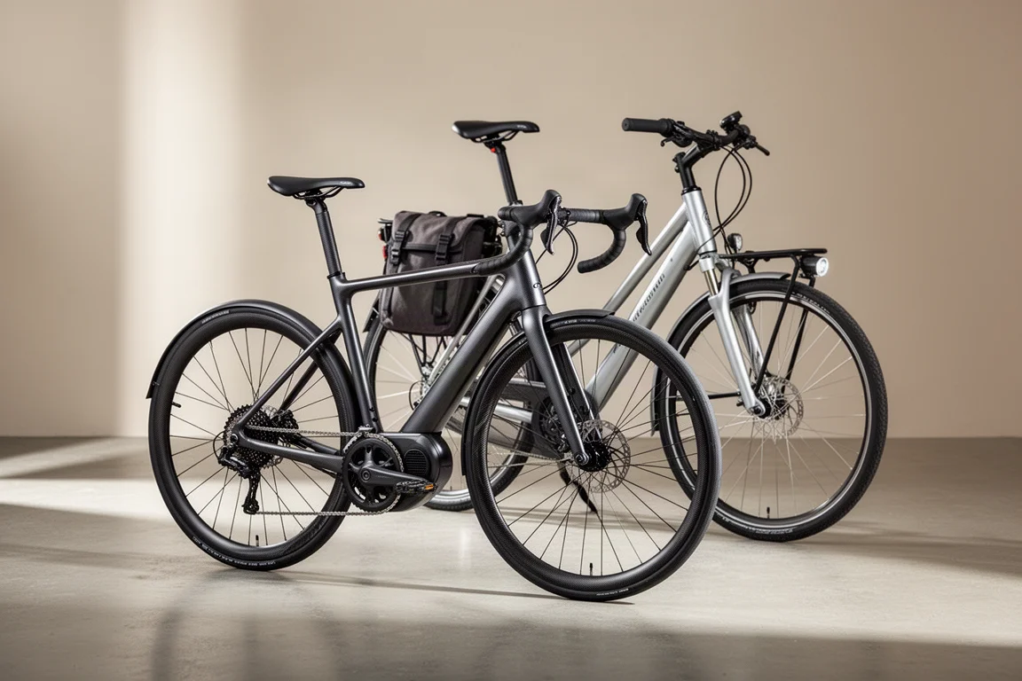 Carbon elektrische racefiets en een rechtopzittende hybride woon-werkfiets naast elkaar op een betonnen studiovloer
