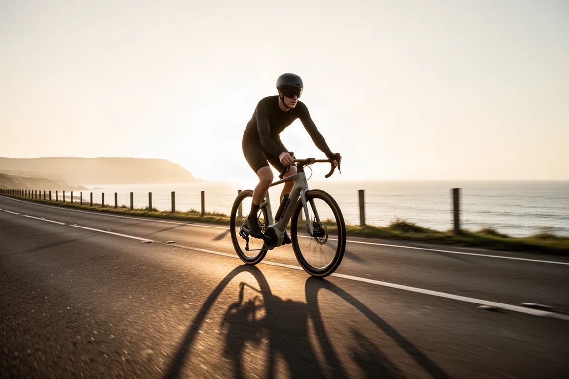 Cycliste roulant sur un vélo de route électrique le long d'une route côtière dégagée au lever du soleil