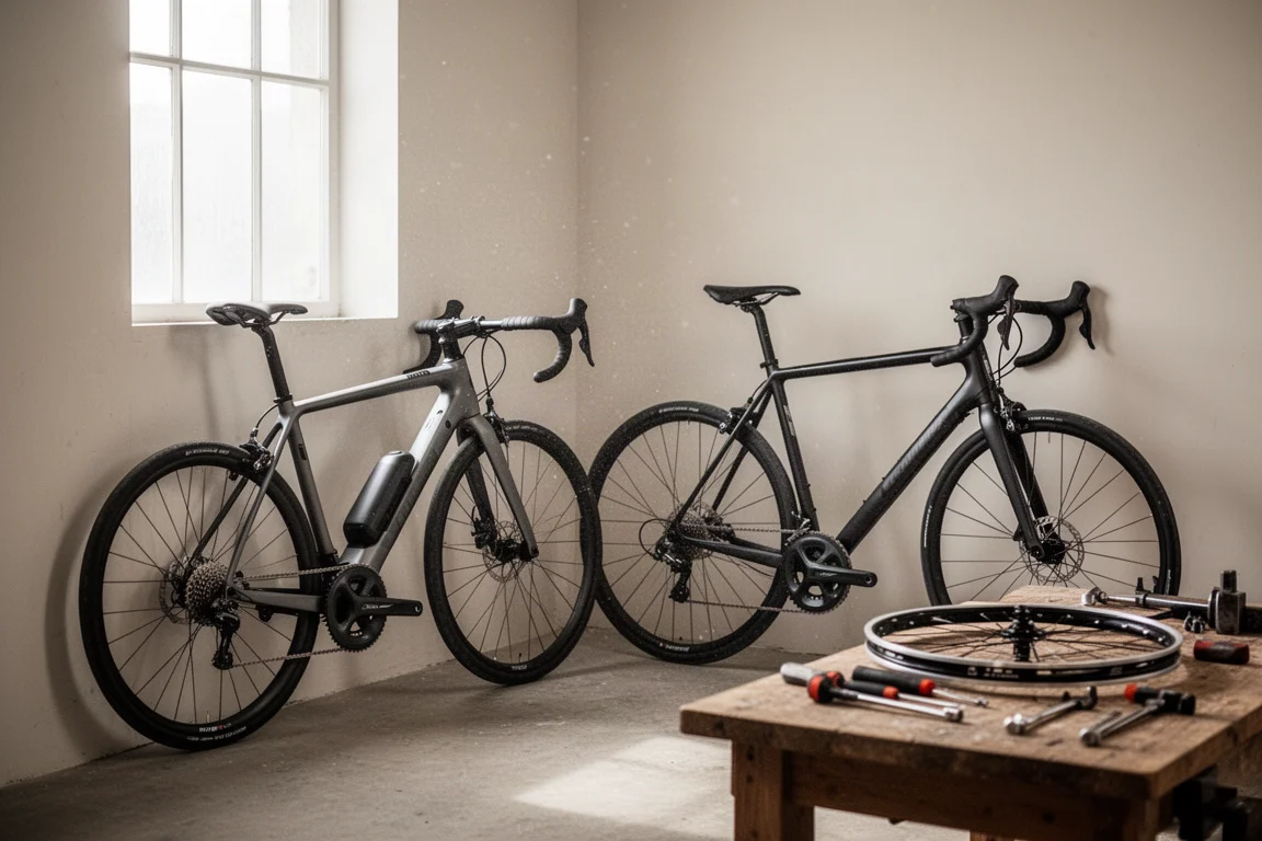 Vélo de route électrique léger appuyé contre un vélo de route traditionnel dans un atelier