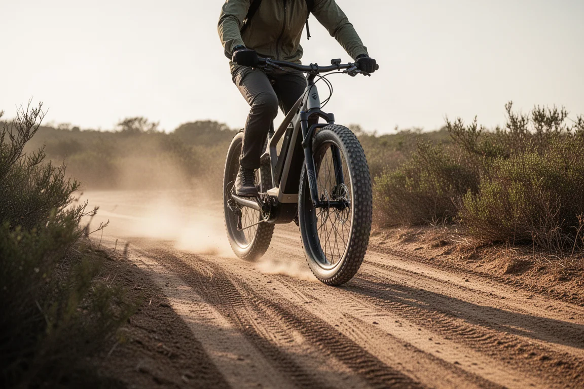 Cycliste gravel sur un vélo électrique à pneus larges traversant une piste en terre sèche