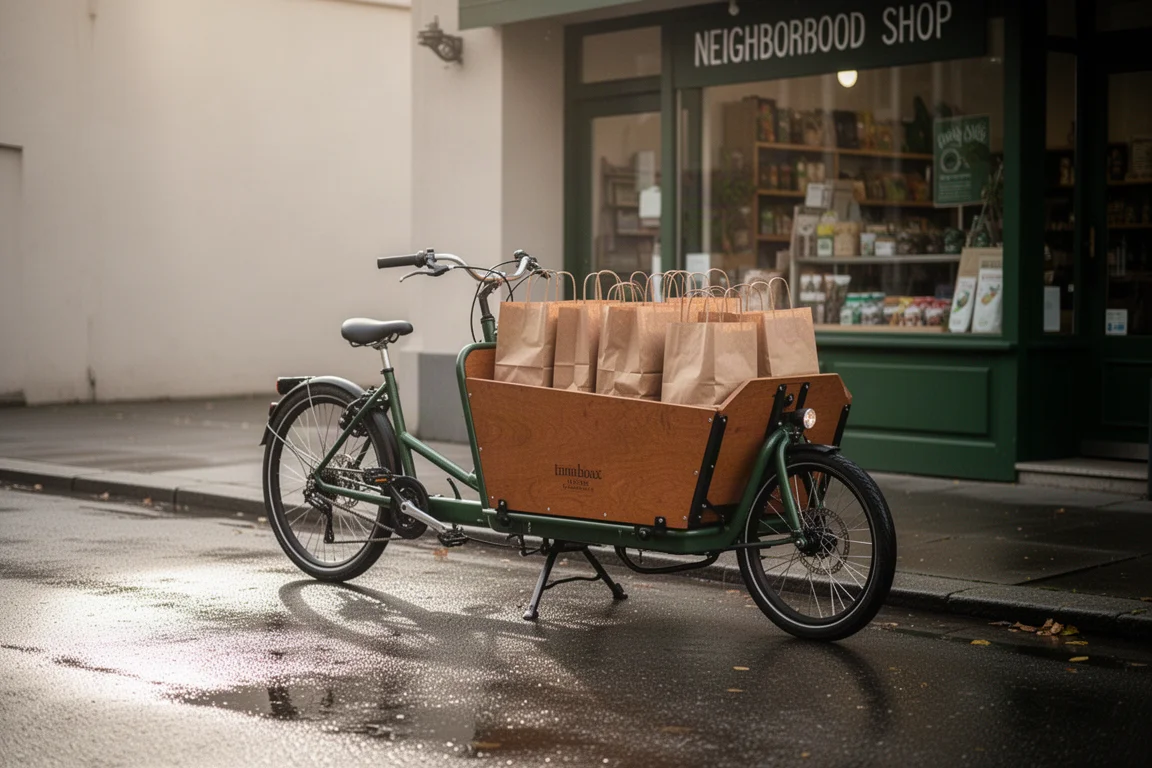 Vélo cargo garé devant un magasin avec des courses chargées dans le coffre avant