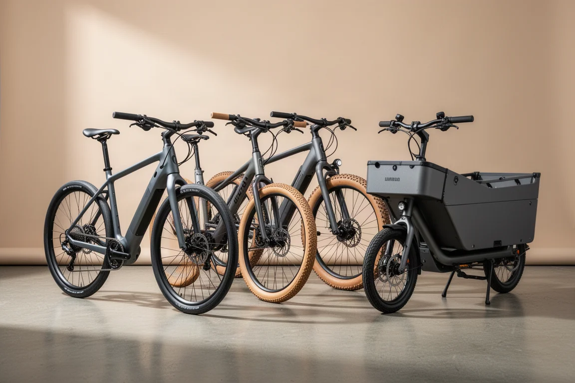 Endurance road, gravel, and cargo electric bikes lined up on a neutral studio backdrop