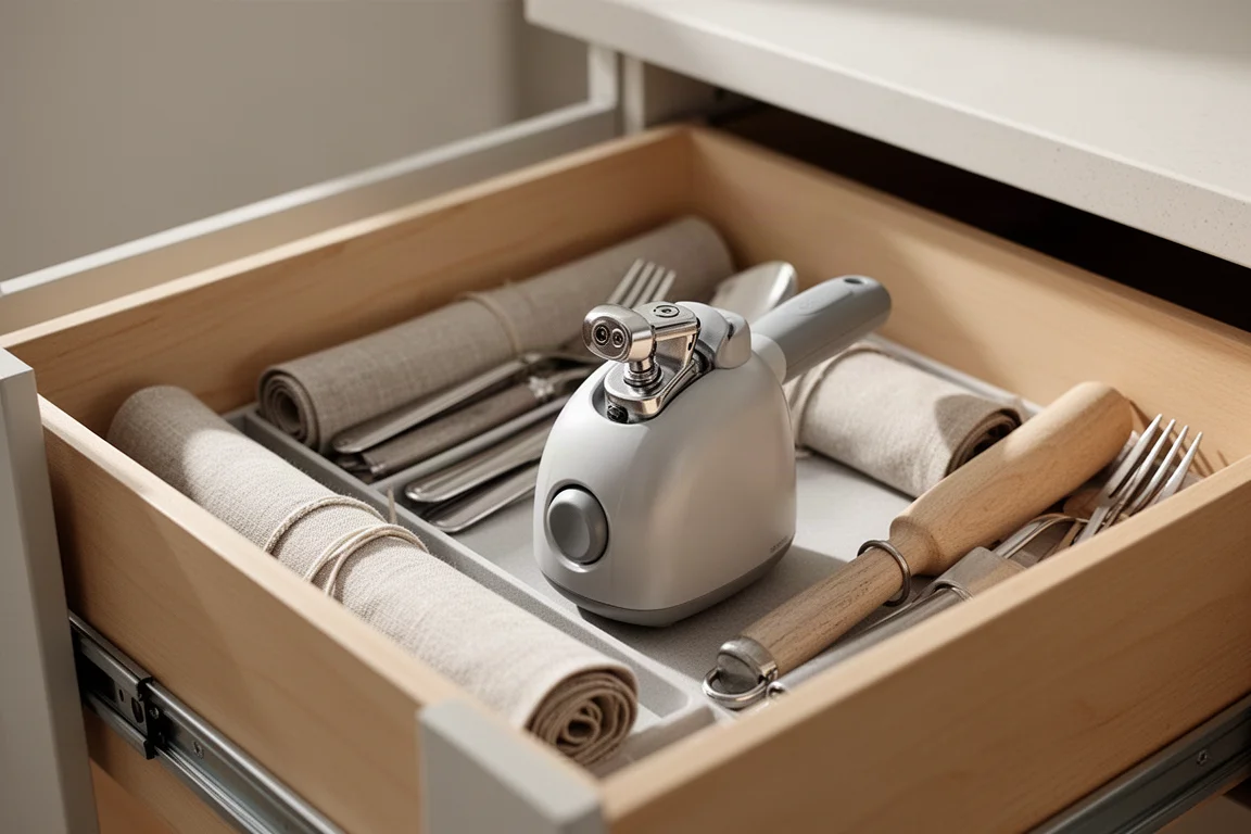Abrelatas compacto de mano reposando en un cajón de cocina abierto