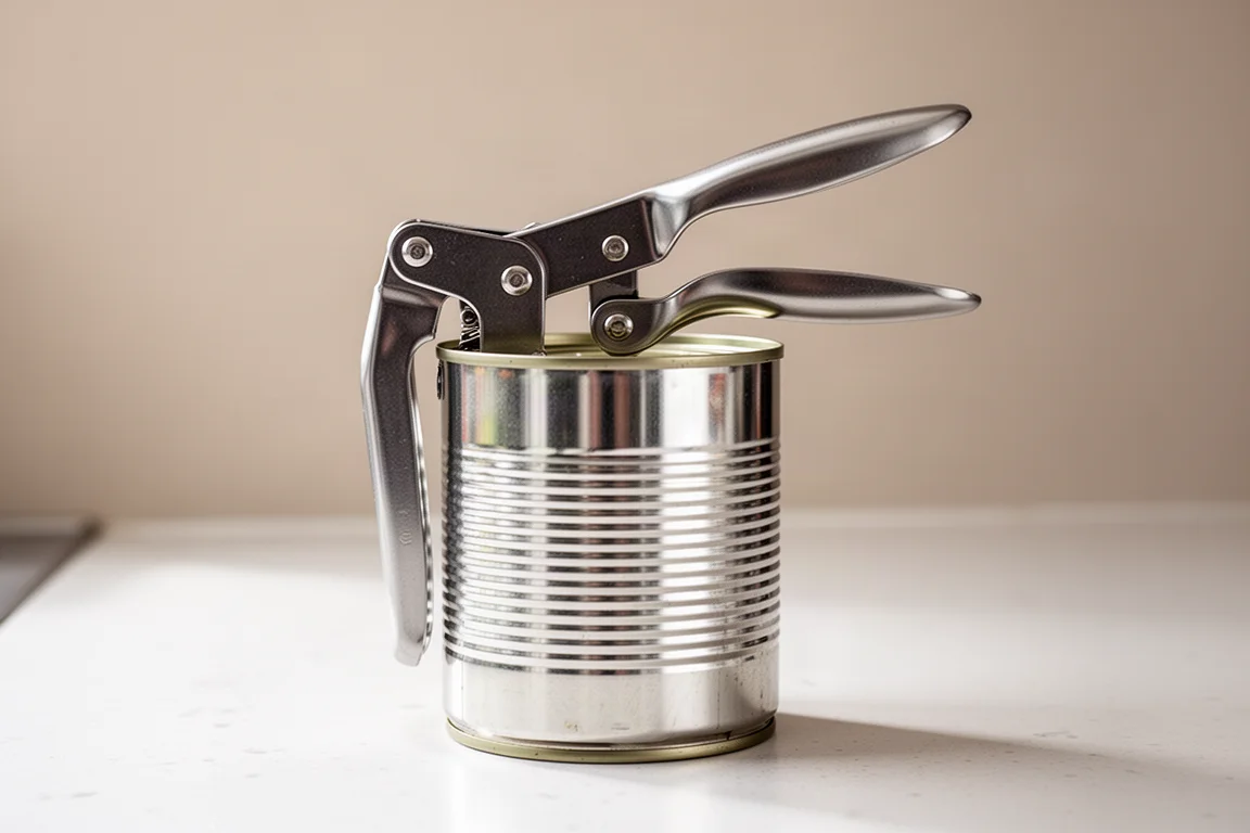 Abrelatas de encimera sujeto a una lata grande sobre una encimera de cocina