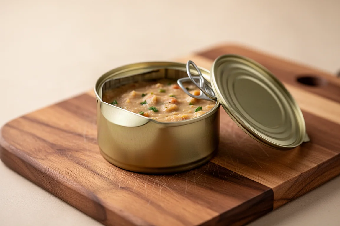Lata de comida abierta con un borde liso y seguro sobre una tabla de madera