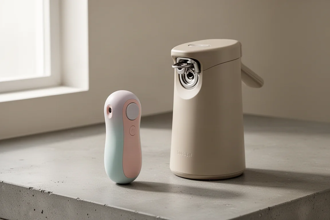 Two electric can openers, one compact handheld and one countertop model, on a concrete kitchen surface