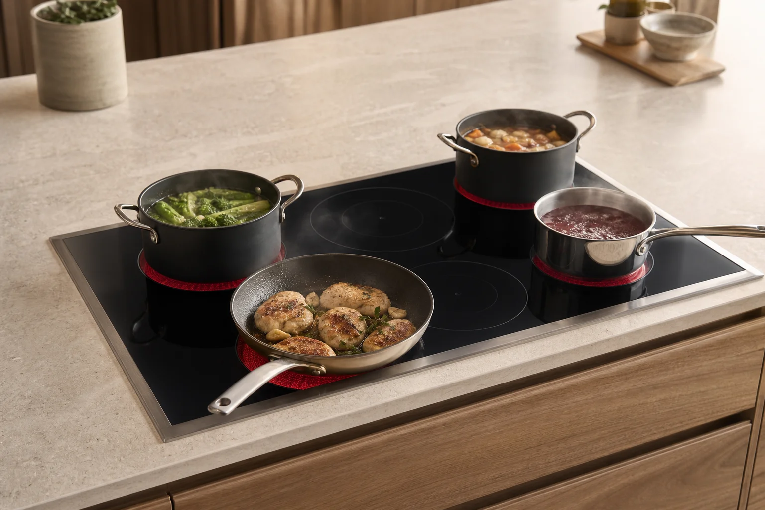 Chef preparing food on a wide cooktop with multiple heating elements