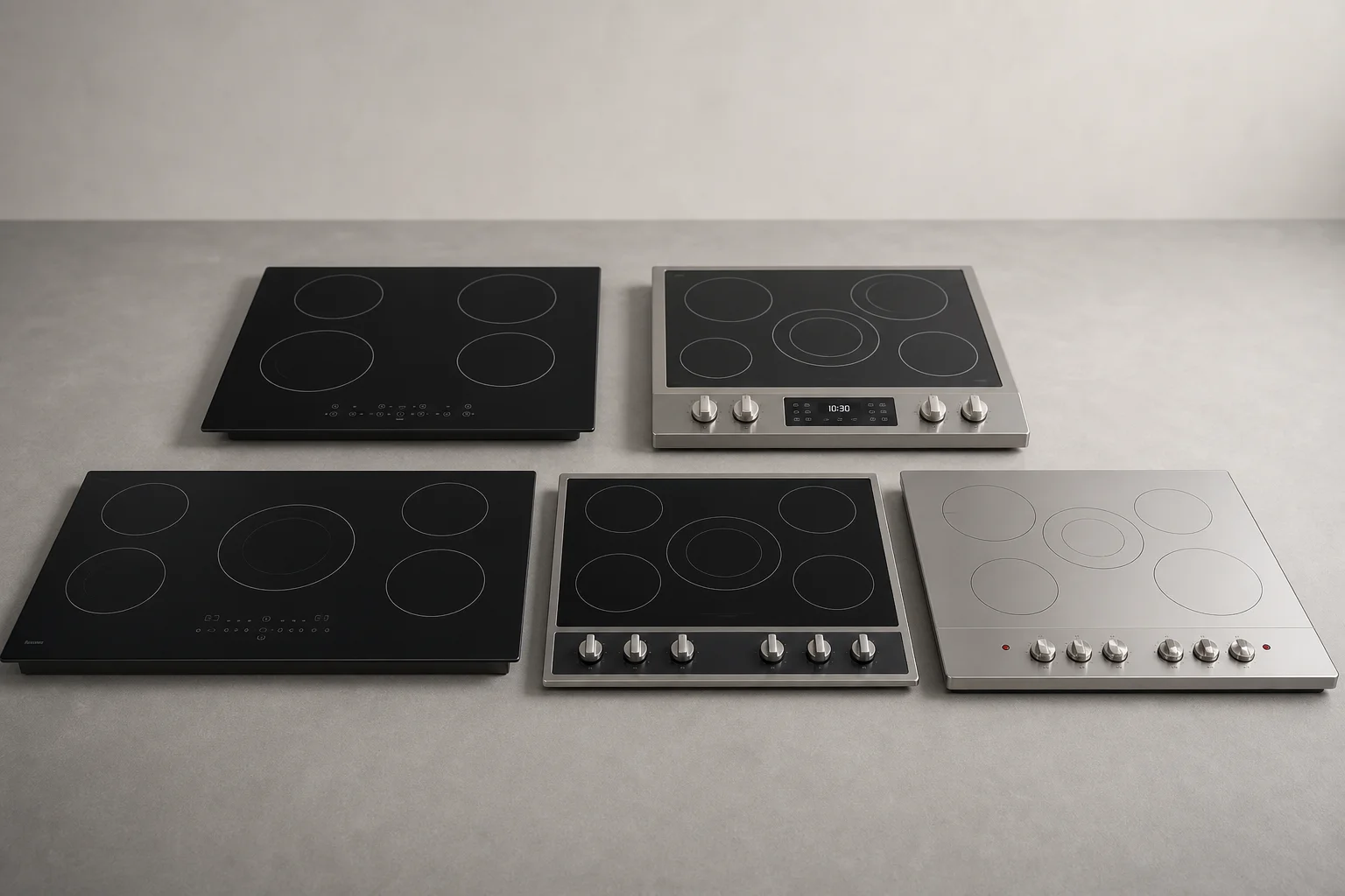 Five electric cooktops displayed in a line showing different designs and finishes