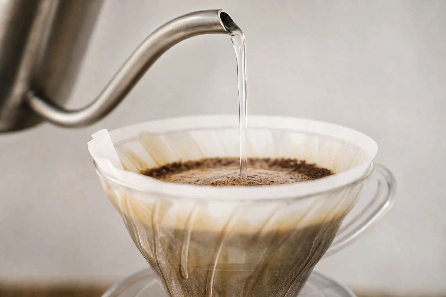 Water stream from gooseneck spout pouring into coffee grounds in V60 dripper