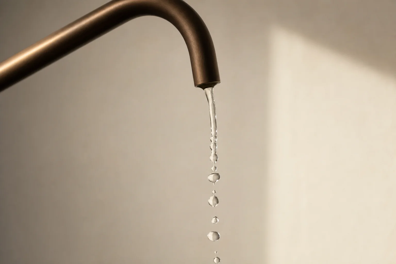 Water stream breaking into droplets mid-pour from gooseneck kettle spout