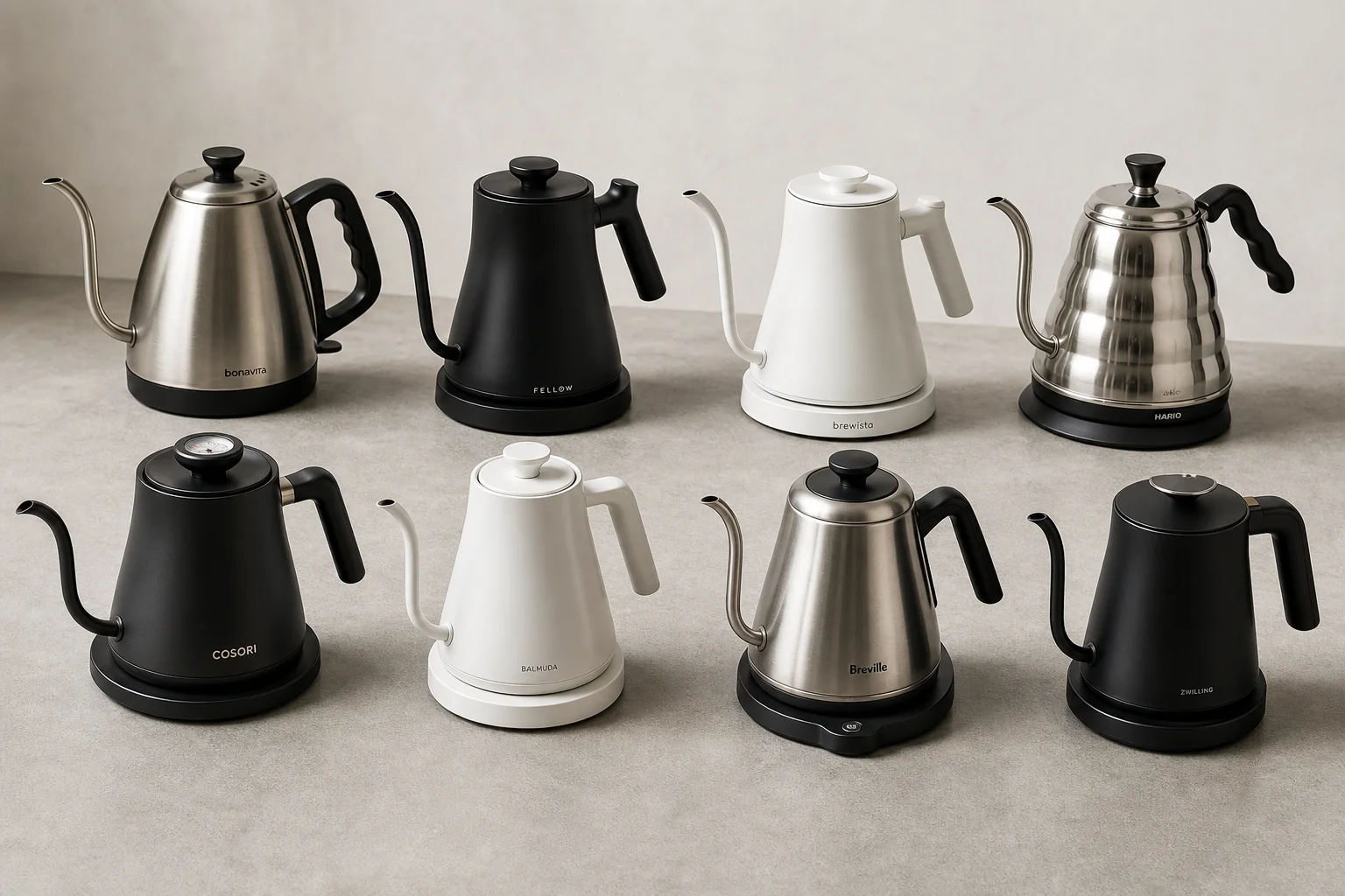 Eight electric gooseneck kettles arranged on concrete surface showing different designs and finishes