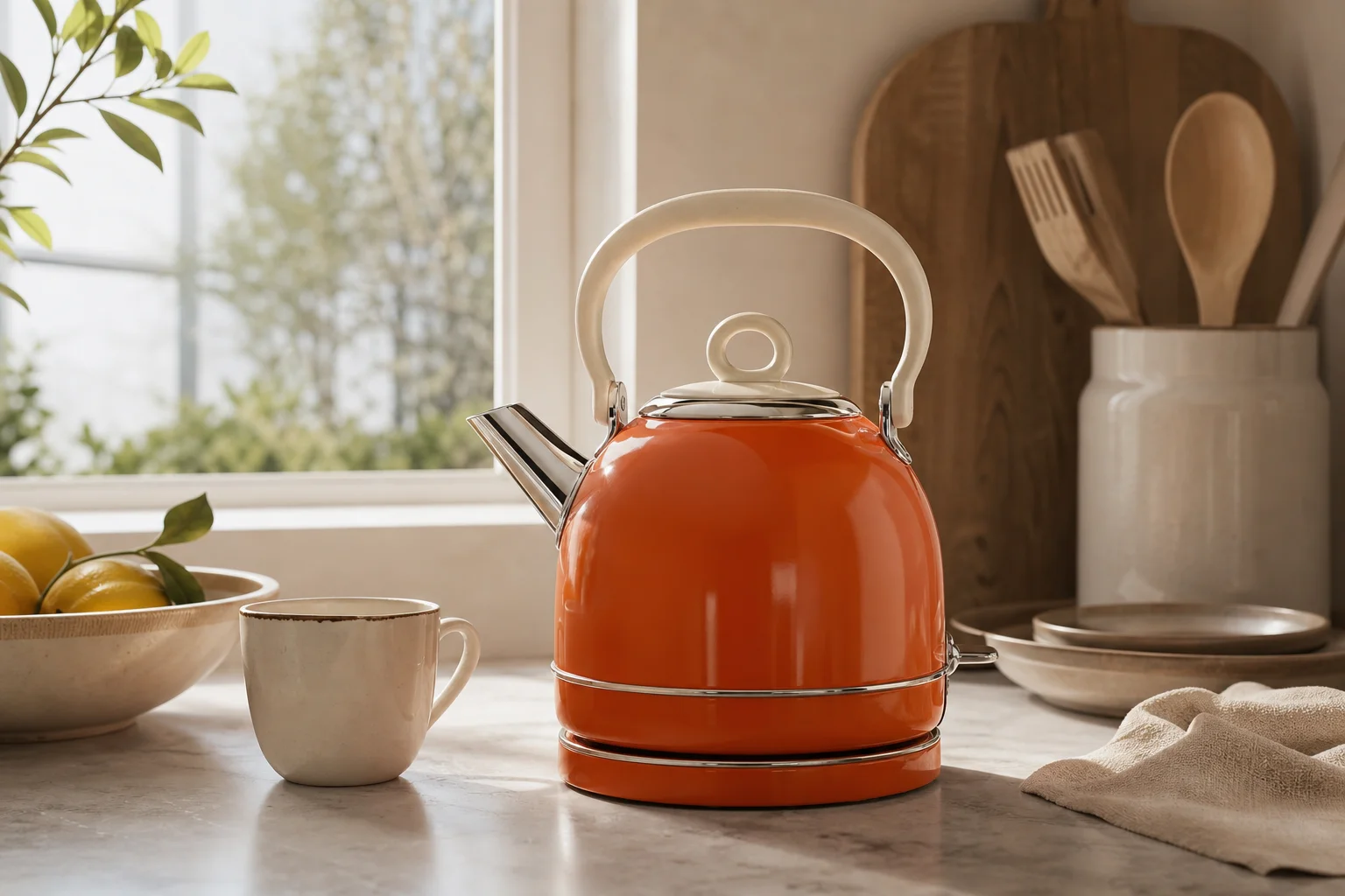 Retro-designad vattenkokare i livfull färg på en modern köksbänk