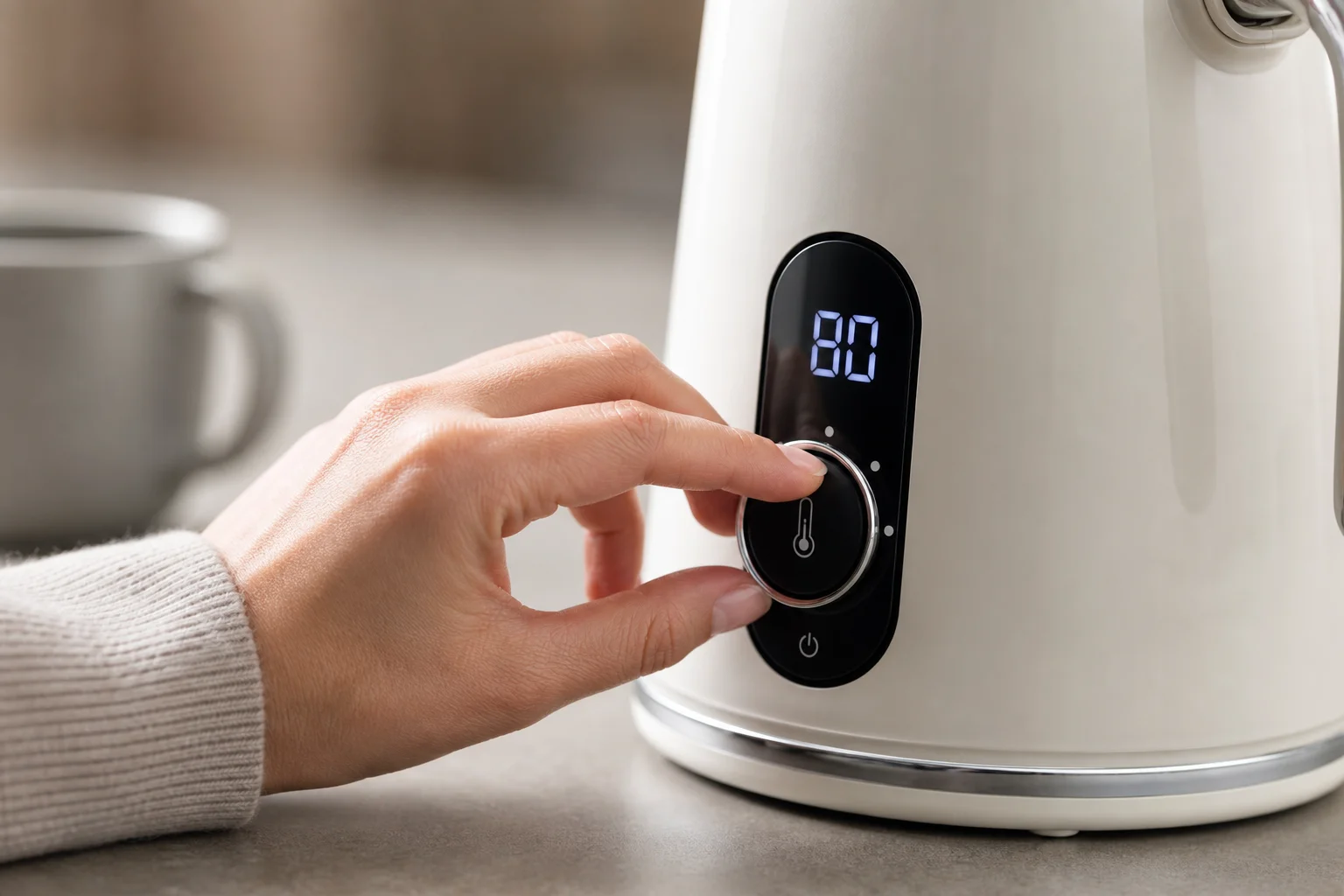Hand som justerar temperaturkontrollen på en modern vattenkokare med LED-display