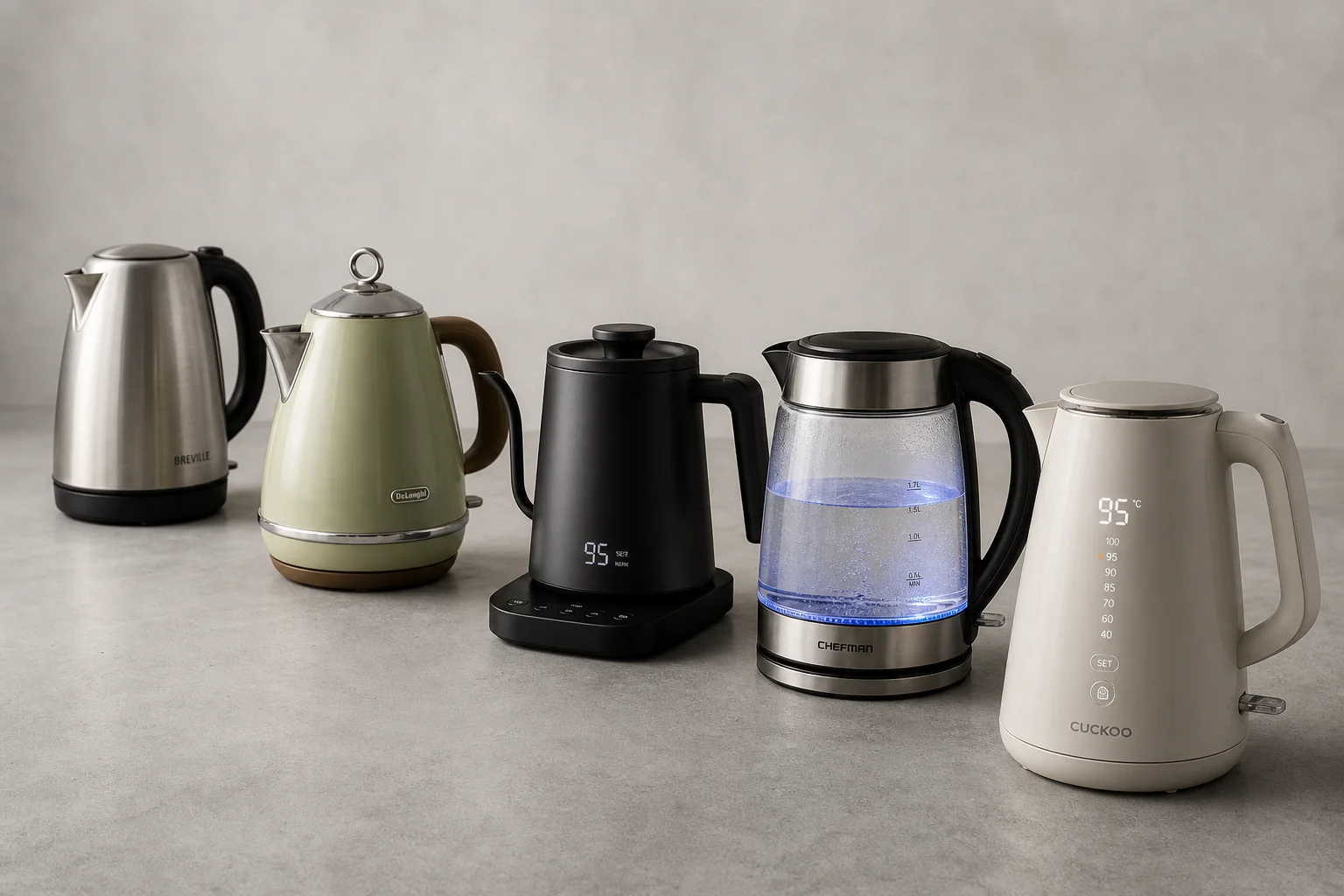 Five electric kettles in descending order of ranking on a concrete surface