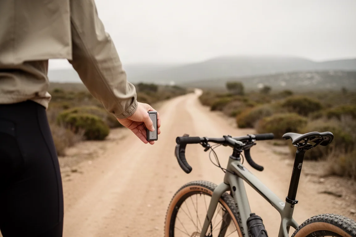 Cyclist holding a compact inflator pump in one hand on a gravel trail