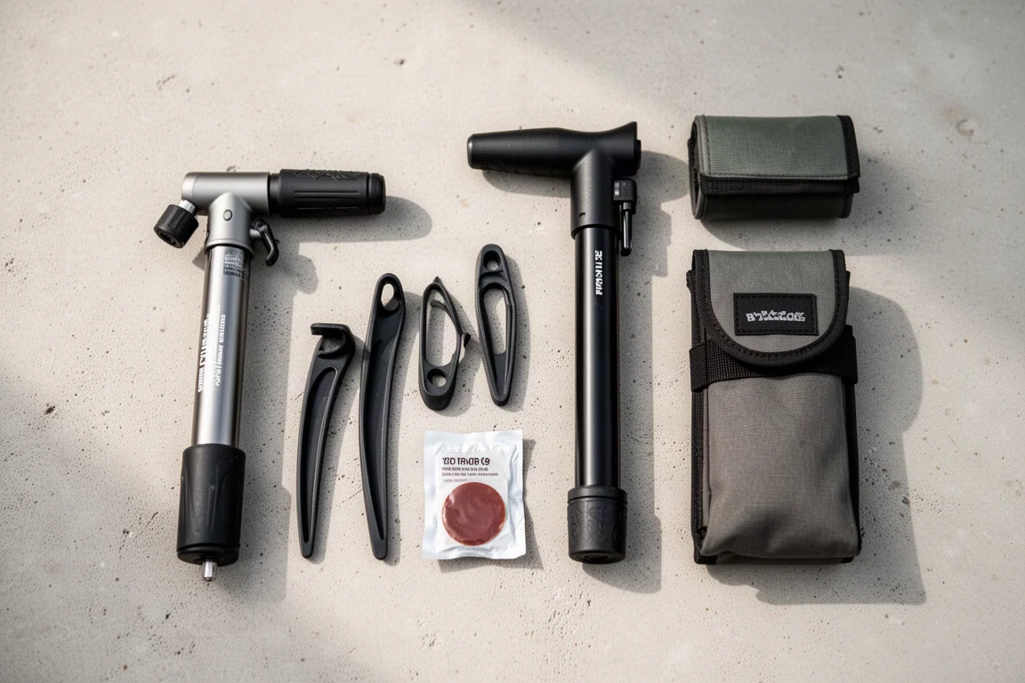 Flat lay of bikepacking tools including a mini pump on a concrete floor
