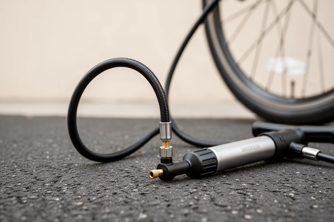 Primer plano de la manguera de una mini bomba eléctrica conectada a la válvula de una bicicleta