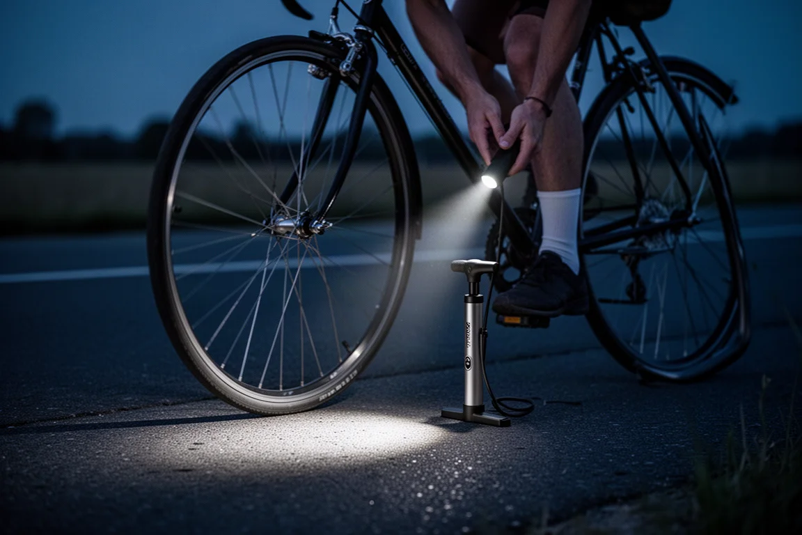 Ciclista nocturno usando una bomba eléctrica compacta con linterna incorporada
