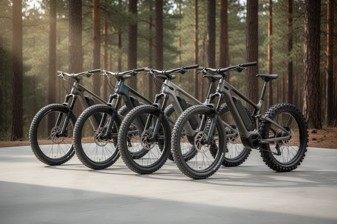 Vier elektrische mountainbikes op een rij in een studio tegen een neutrale achtergrond