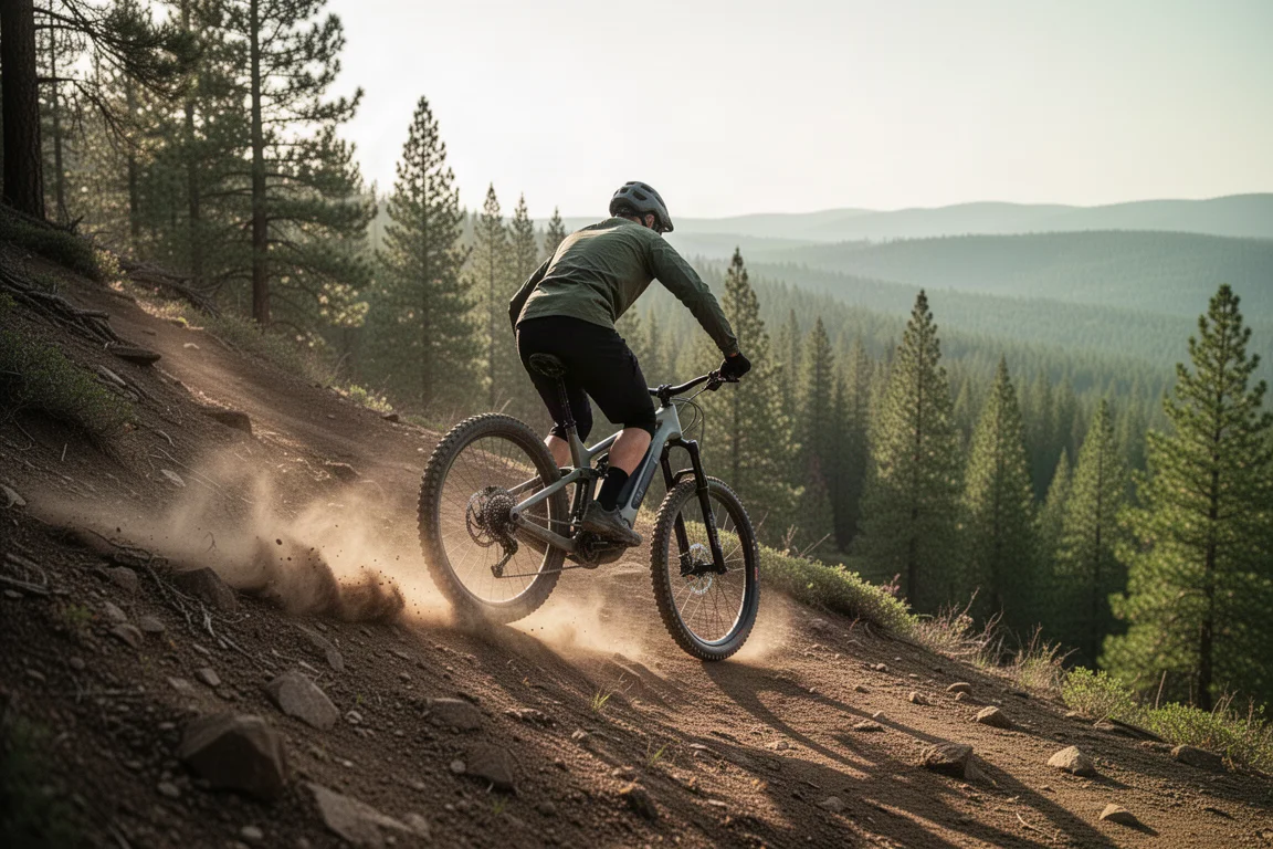 Quatre vélos de montagne électriques appuyés contre une barrière en bois à l’entrée d’un sentier, à l’heure dorée