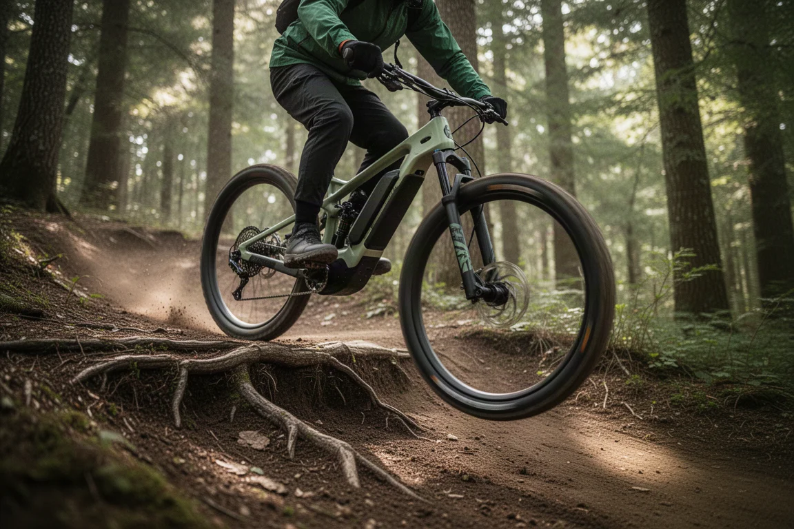 Cycliste grimpant une piste en gravier sur un vélo de montagne électrique semi-rigide