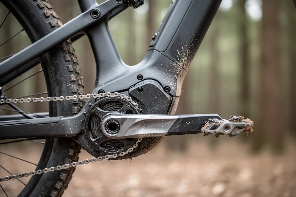 Detalhe da carcaça do motor e da região do pedivela no quadro de uma bicicleta elétrica de mountain bike