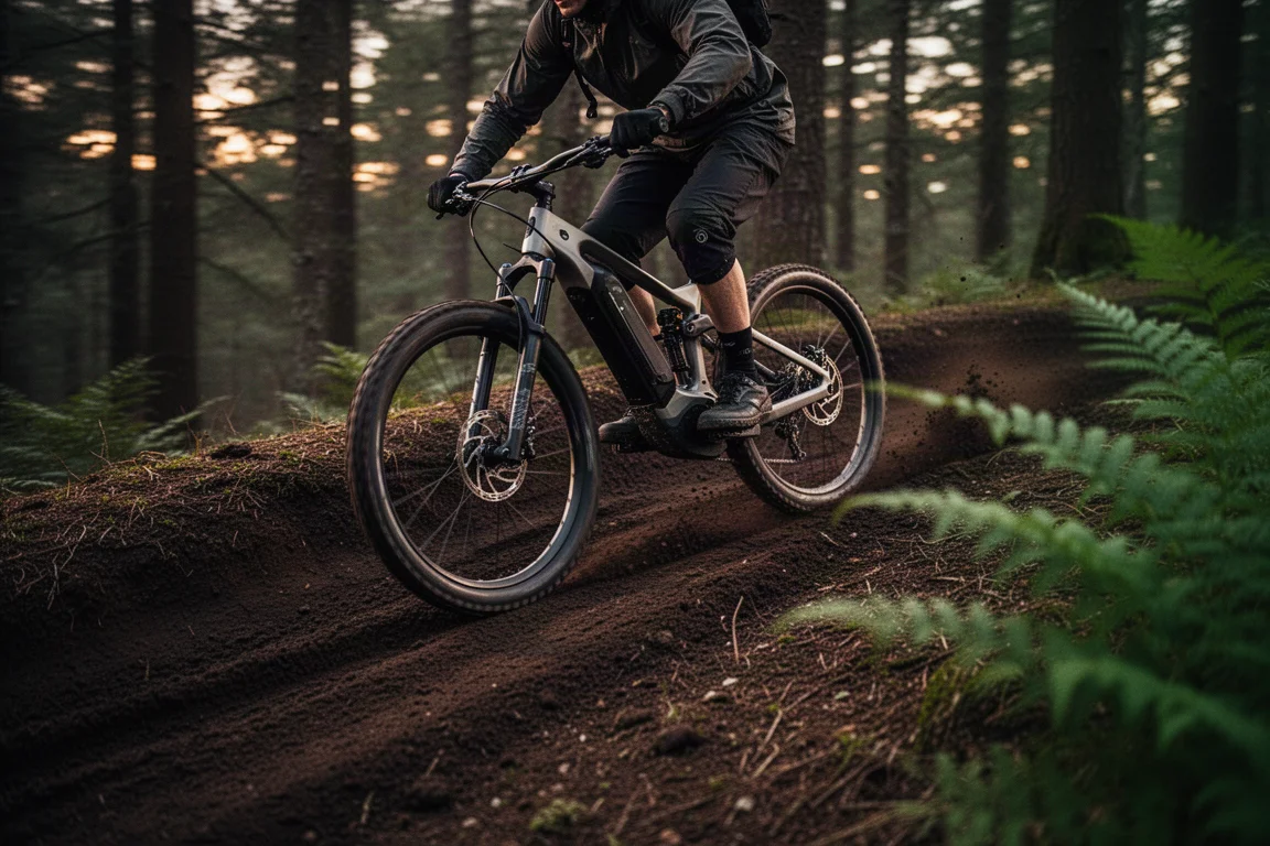 Ciclista contornando uma curva de terra na floresta em uma bicicleta elétrica de mountain bike com suspensão total ao anoitecer