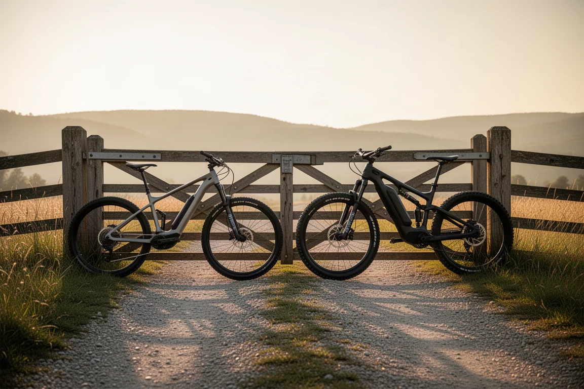 Duas bicicletas elétricas de mountain bike apoiadas em um portão de madeira na trilha durante a hora dourada