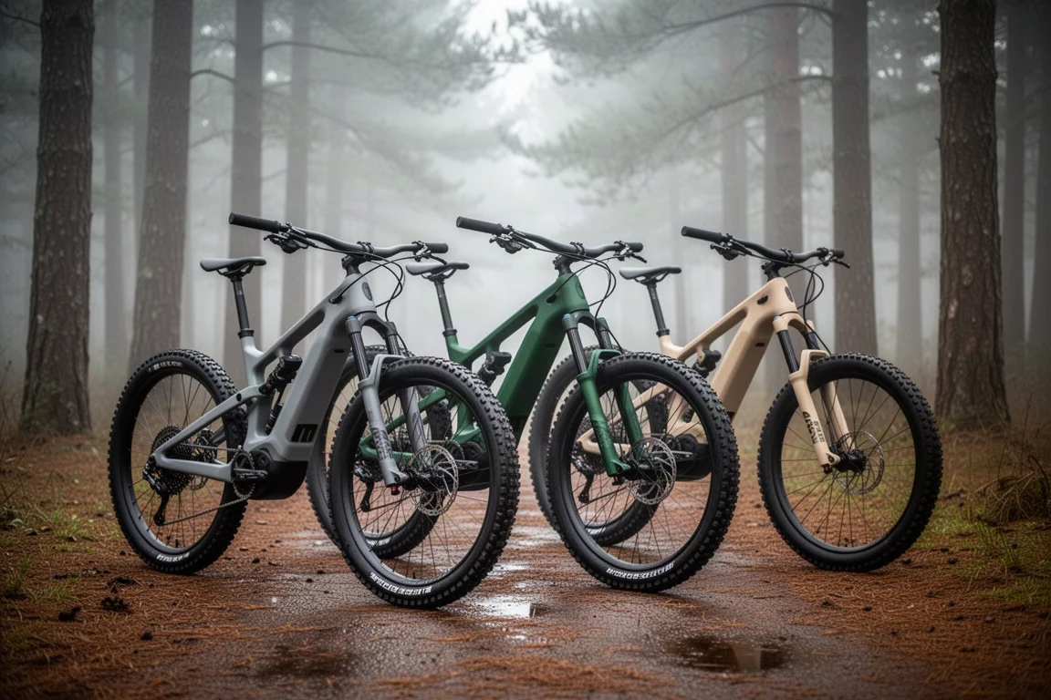 Tre e-MTB parcheggiate fianco a fianco su un sentiero nel bosco nella nebbia