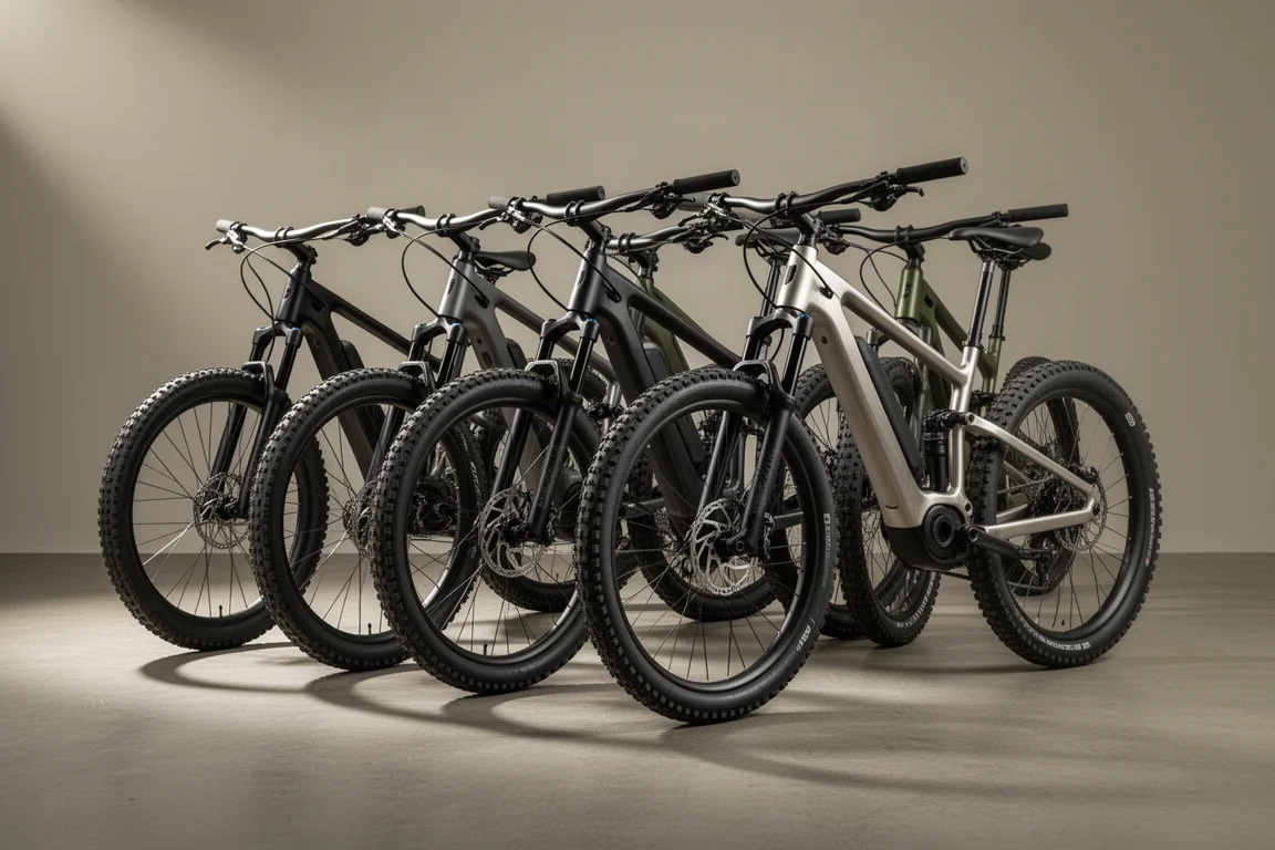 Vier elektrische mountainbikes in een verspringende rij op een mat betonnen oppervlak