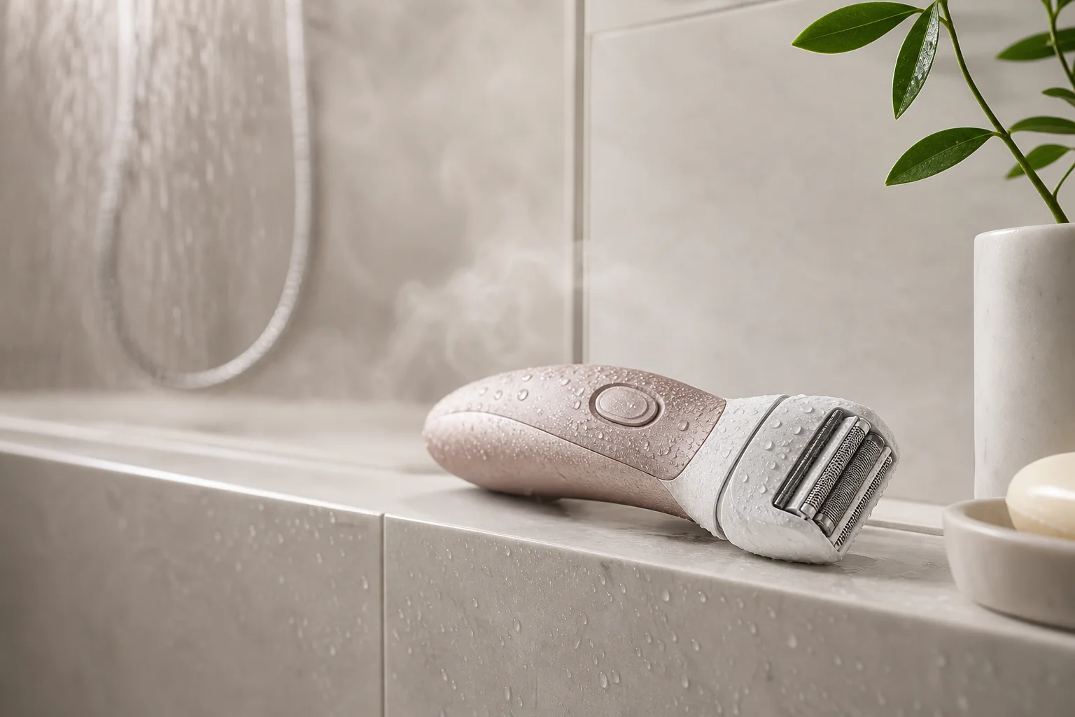 Frau verwendet einen wasserdichten elektrischen Rasierer unter der Dusche mit Wasser und Dampf
