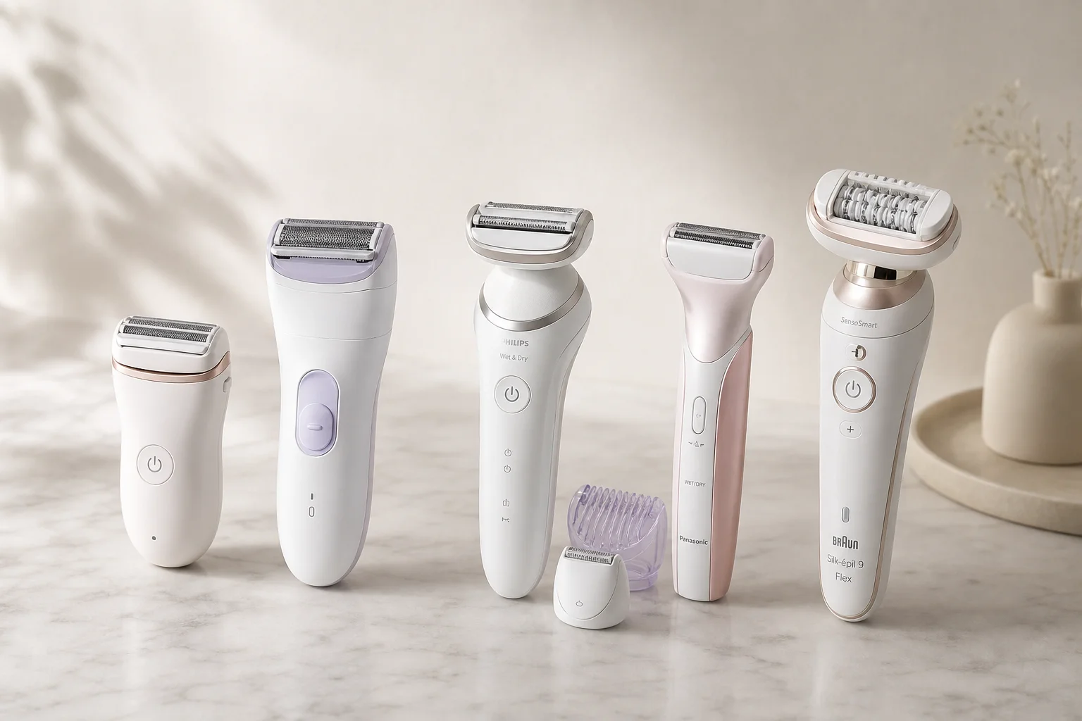 Five women's electric razors and epilators arranged on marble surface