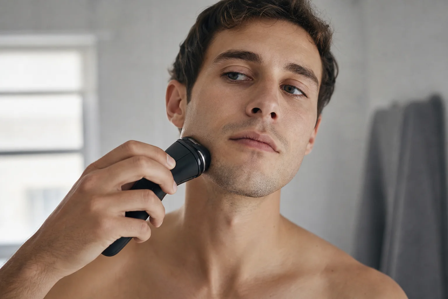 柔らかな自然光の中で電動シェーバーを使用する男性