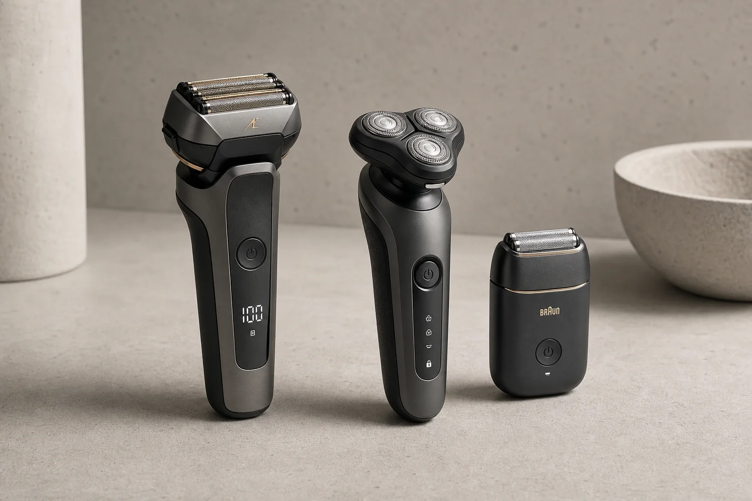 Collection of foil and rotary electric shavers on a concrete surface