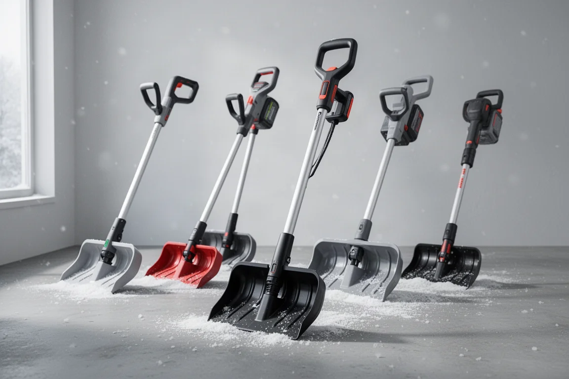 Lineup of cordless electric snow shovels standing on lightly snow-dusted concrete
