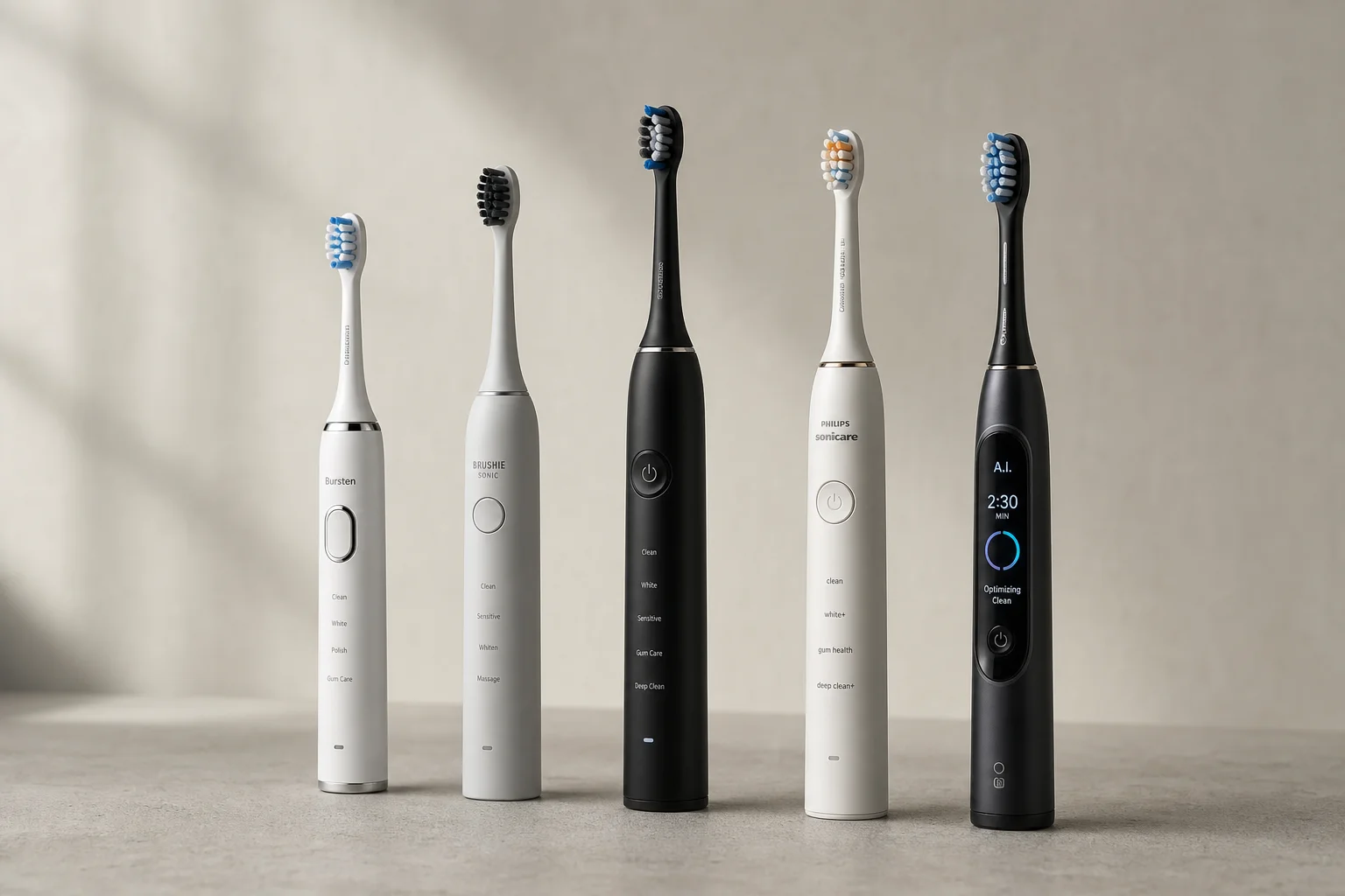 Five electric toothbrushes arranged by model from budget to premium on concrete surface