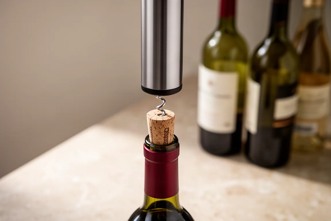 Electric wine opener twisting into a natural wine cork on a countertop