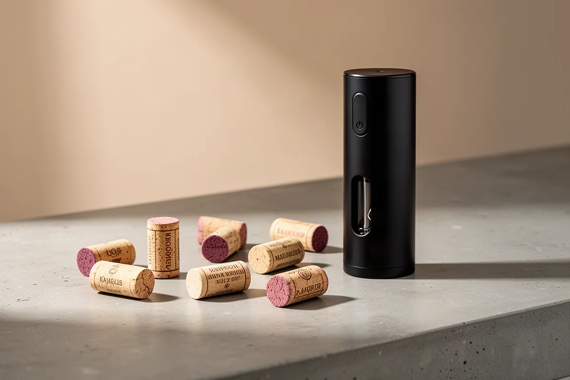 Wine corks arranged beside an electric wine opener on a counter
