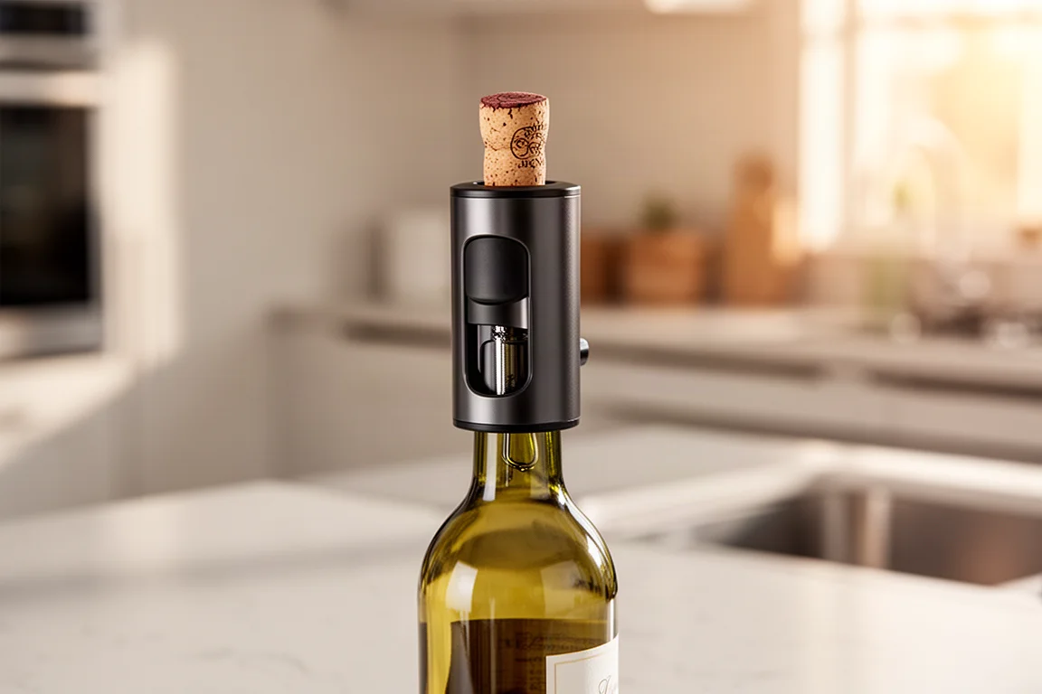 Automatic electric wine opener working on a bottle at a kitchen counter