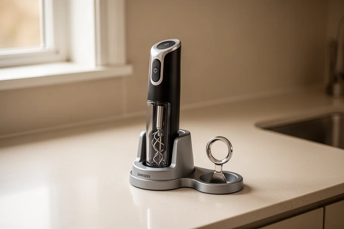 Electric wine opener with charging stand and foil cutter on a counter