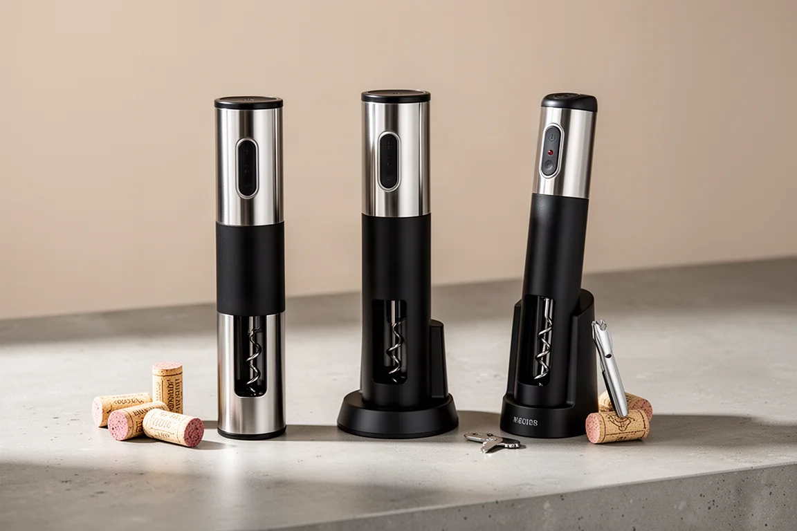 Three electric wine openers on a countertop with extracted wine corks