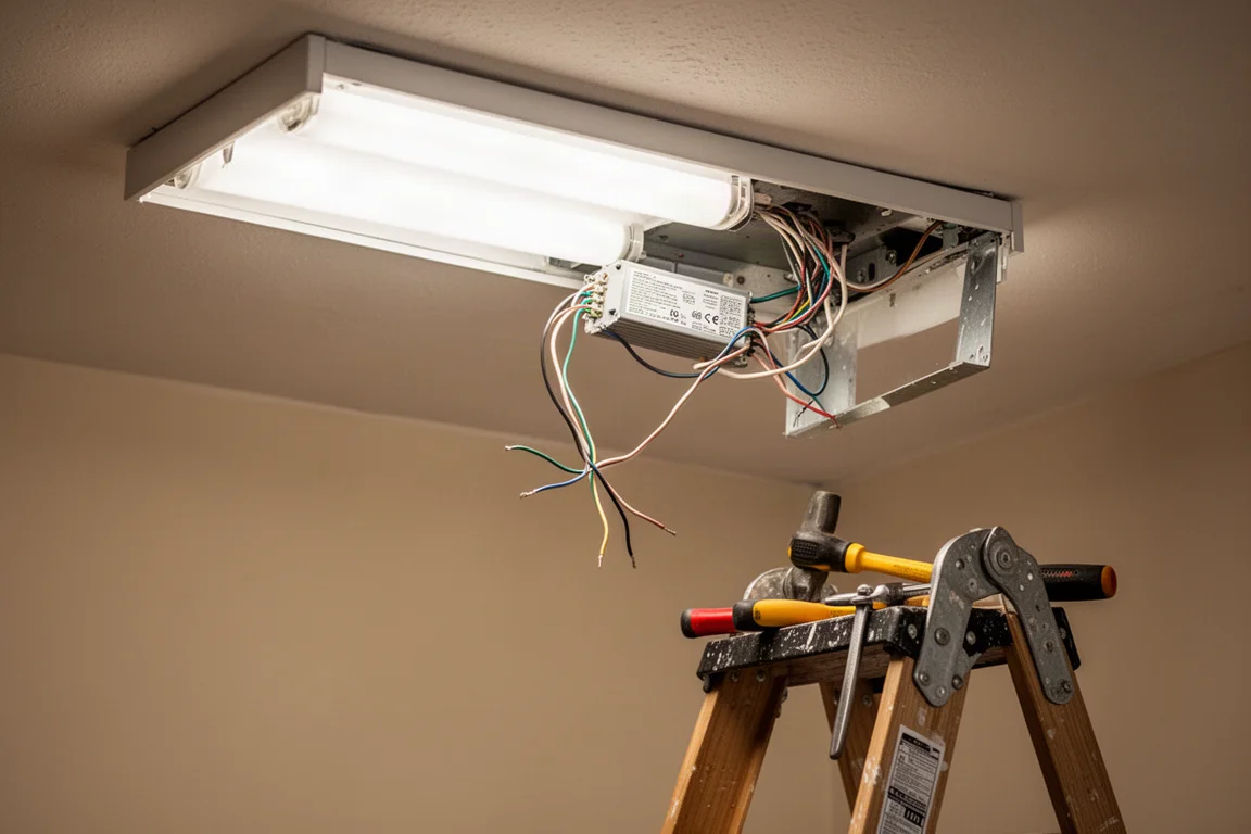Técnico refazendo a fiação de um luminário fluorescente no teto durante um retrofit de LED