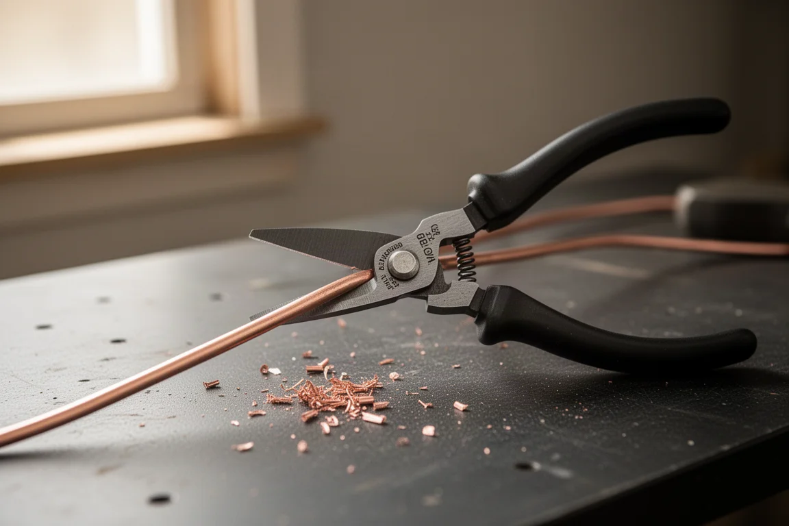 Electrician shears cutting through 12 gauge electrical wire on a workbench