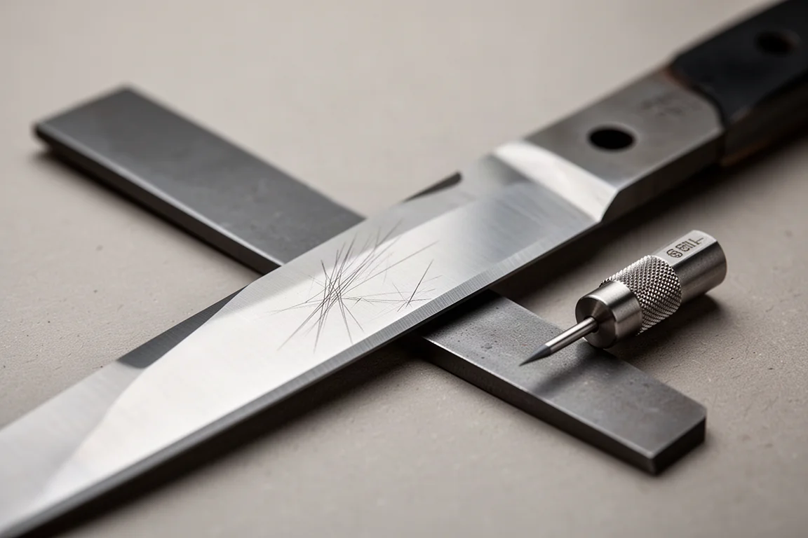 Close-up of shear blades being scratched during a hardness test