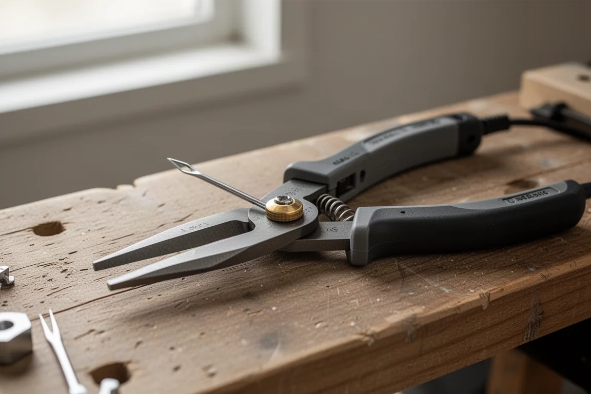 Removing pivot caps from electrician shears for adjustment