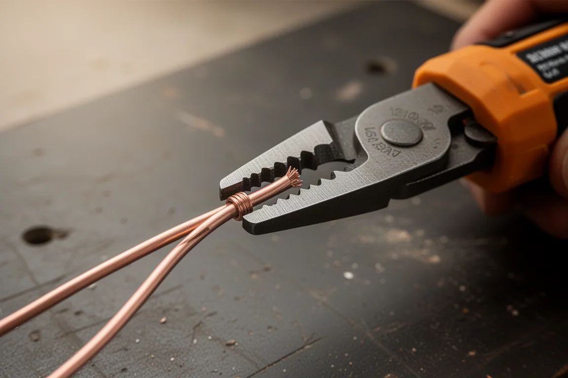 Shears stripping insulation from 12 gauge wire in a workshop